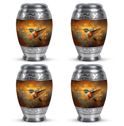 Royal Gold Hummingbird Cremation Urn urn with complimentary velvet bag - majestic hummingbird pattern with filigree border - 10 inch aluminum urn for cremated remains