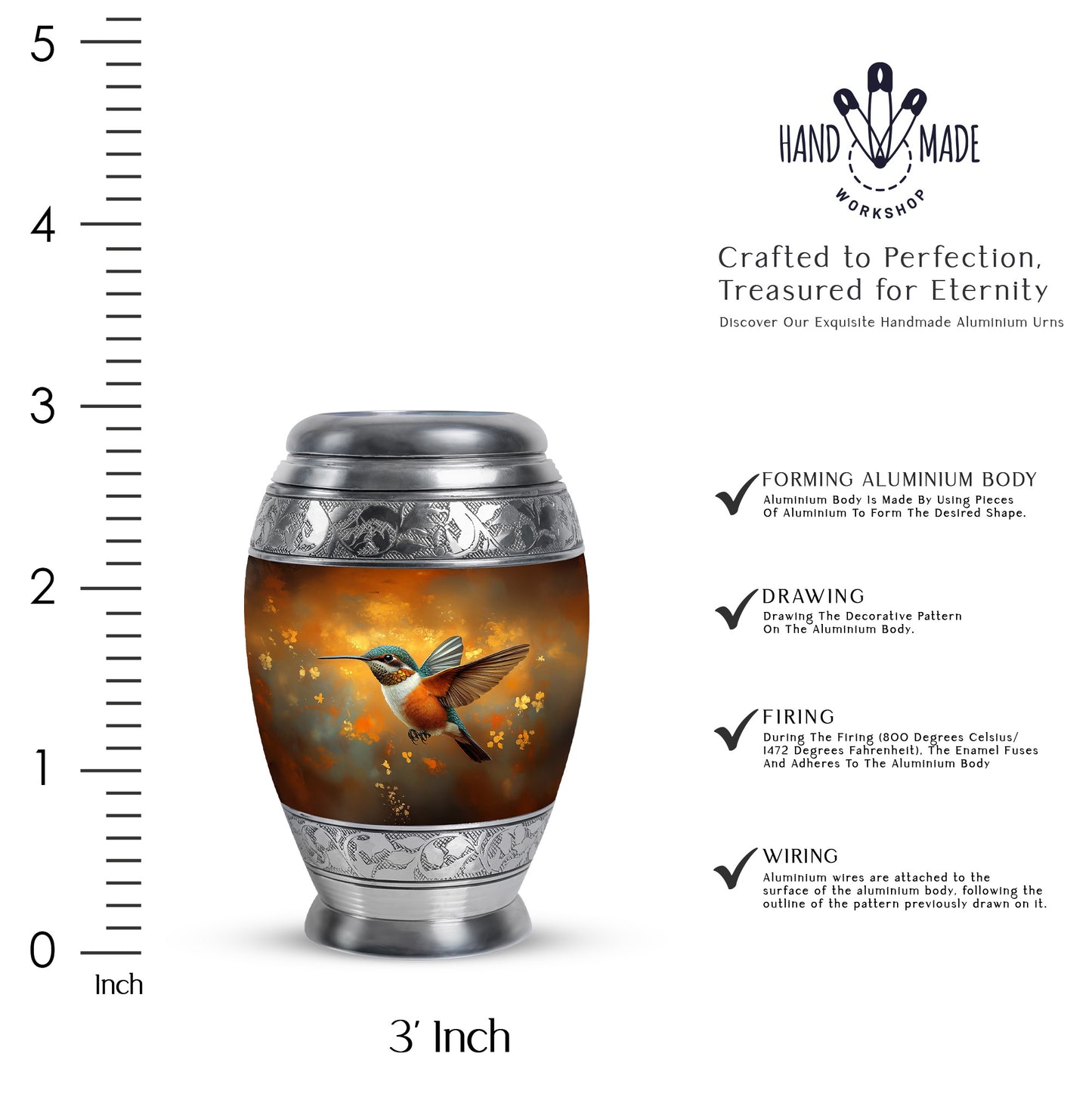 Royal Gold Hummingbird Cremation Urn lifestyle display on memorial shelf - majestic hummingbird pattern with filigree border - mini keepsake memorial for portion of cremation ashes