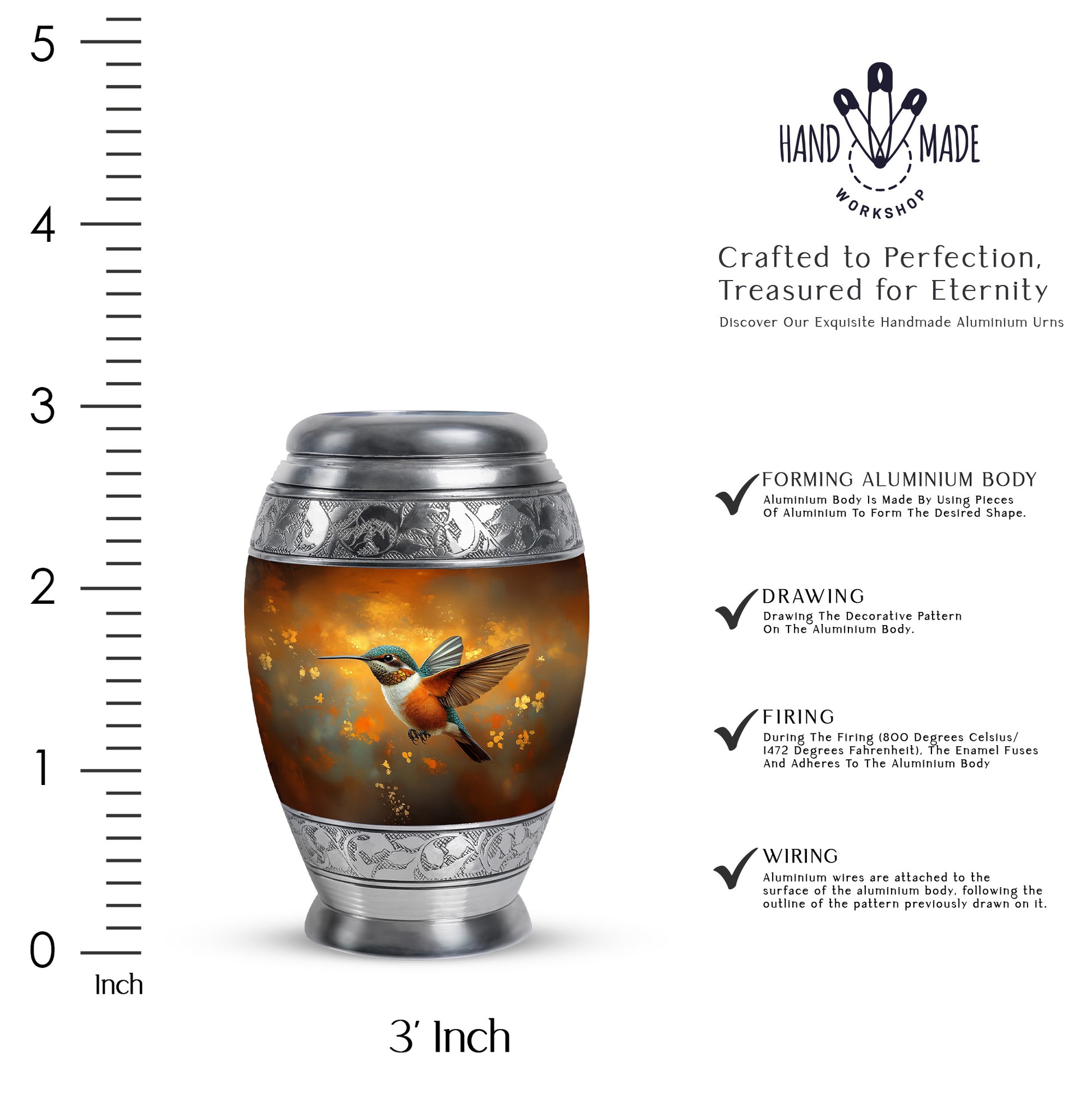 Royal Gold Hummingbird Cremation Urn lifestyle display on memorial shelf - majestic hummingbird pattern with filigree border - mini keepsake memorial for portion of cremation ashes