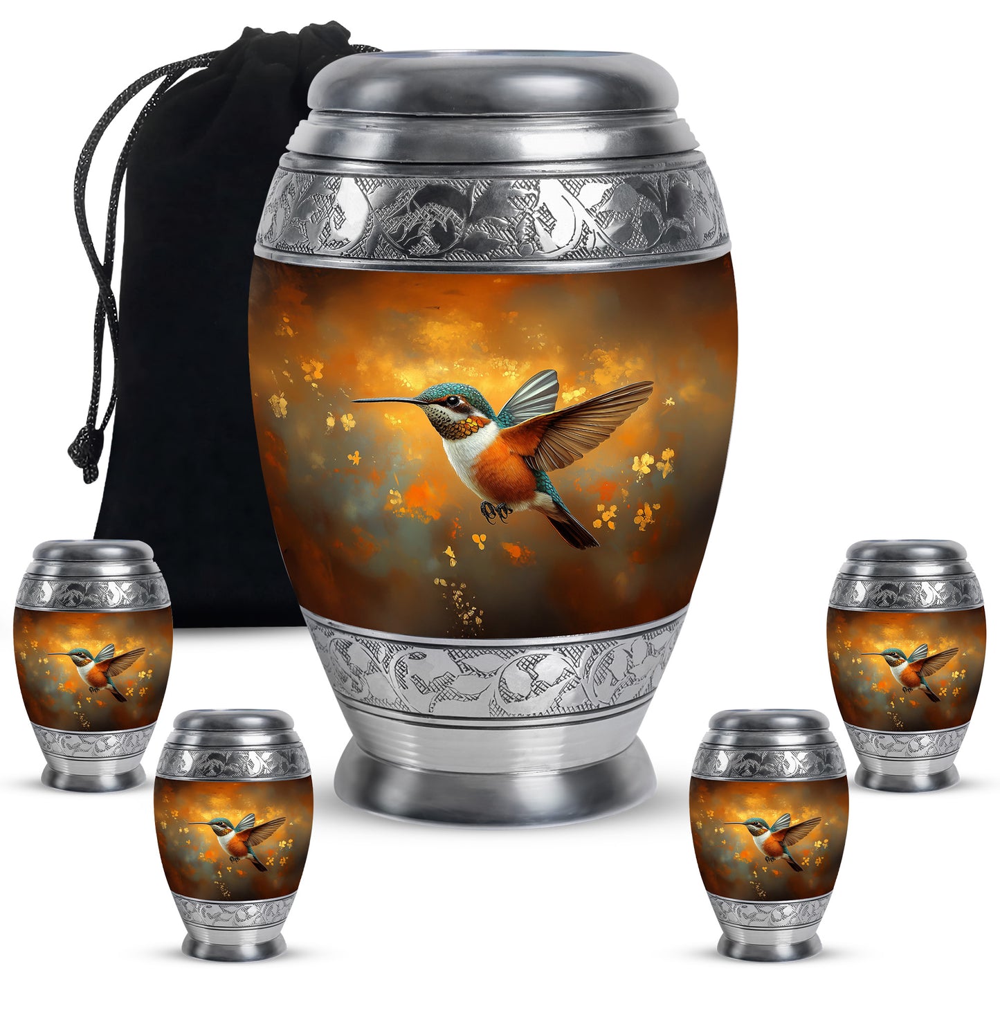 Antique Gold Hummingbird Cremation Urn detail view - ornate monarch-style hummingbird relief on brushed aluminum - memorial set with one large and four small urns