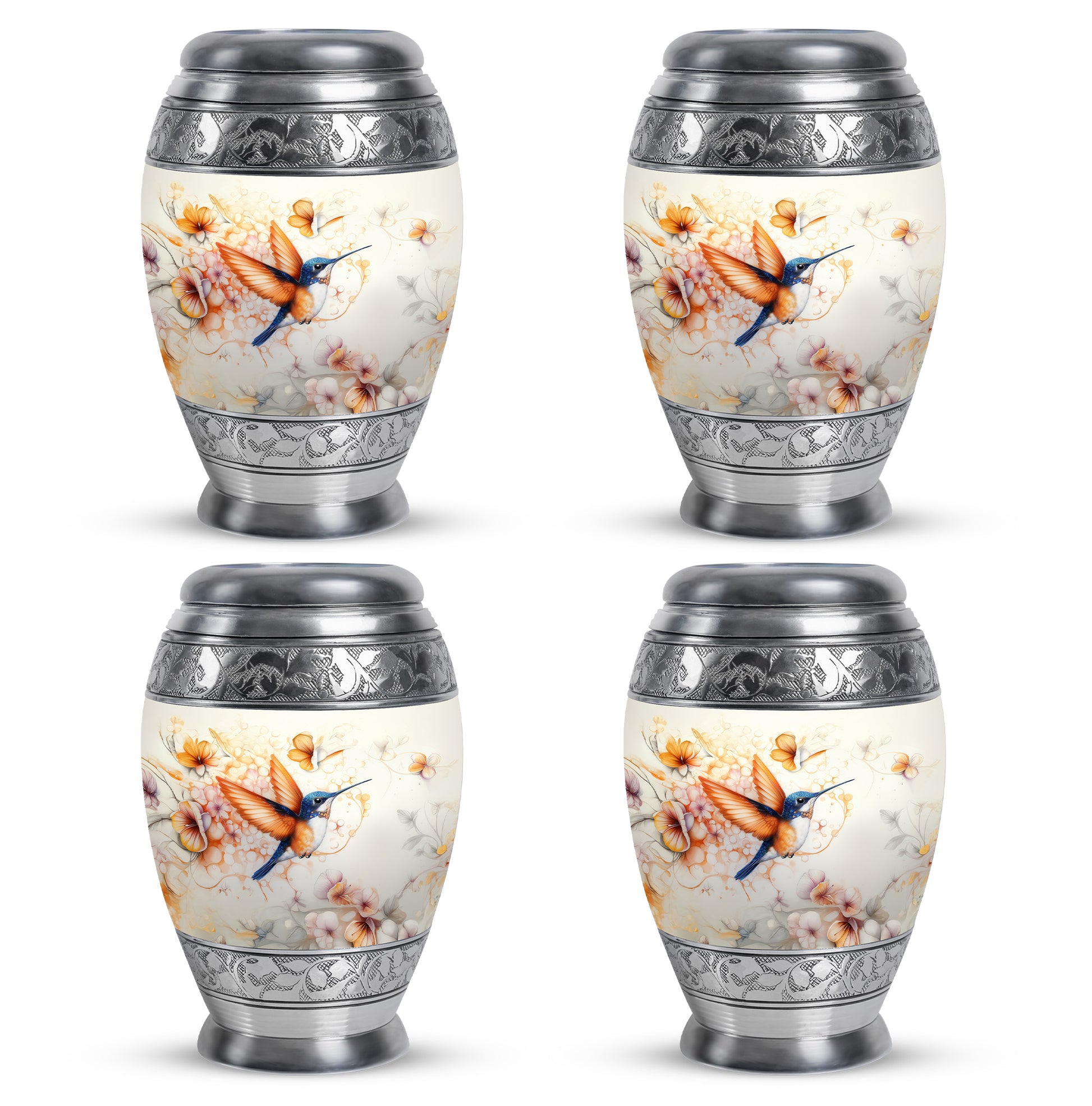 Mist Gray Hummingbird Cremation Urn urn with complimentary velvet bag - ornate monarch-style hummingbird relief on brushed aluminum - 10 inch aluminum urn for cremated remains