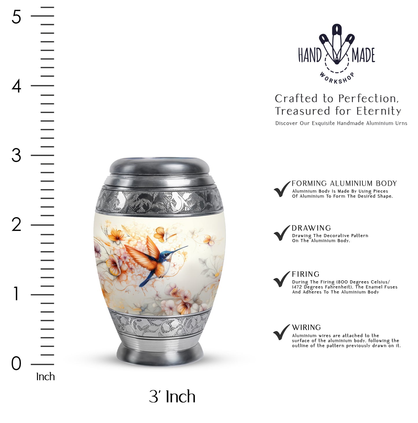 Silver Gray Hummingbird Cremation Urn lifestyle display on memorial shelf - regal hummingbird design with crown-inspired accents - mini keepsake memorial for portion of cremation ashes