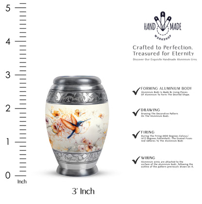 Silver Gray Hummingbird Cremation Urn lifestyle display on memorial shelf - regal hummingbird design with crown-inspired accents - mini keepsake memorial for portion of cremation ashes