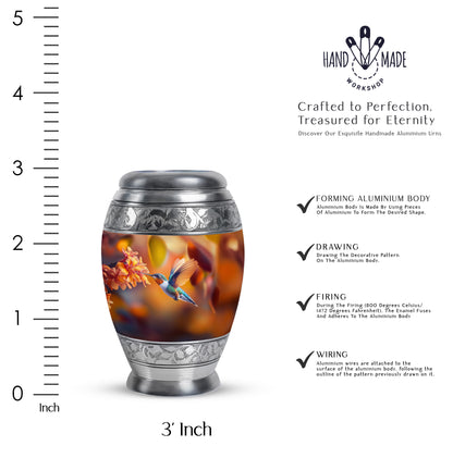 Gilded Gold Hummingbird Cremation Urn lifestyle display on memorial shelf - ornate monarch-style hummingbird relief on brushed aluminum - mini keepsake memorial for portion of cremation ashes
