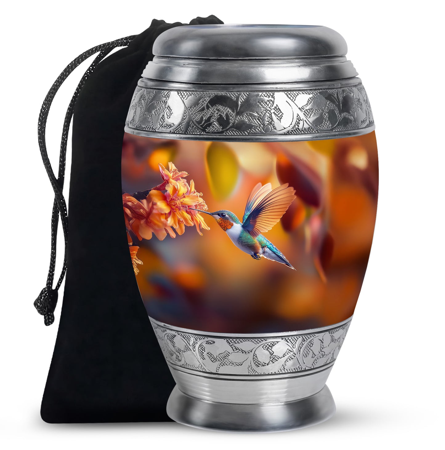 Matte Gold Hummingbird Cremation Urn back view with polished surface - royal hummingbird engraving with decorative scrollwork - full-size 10 inch 200 cubic inch adult cremation urn