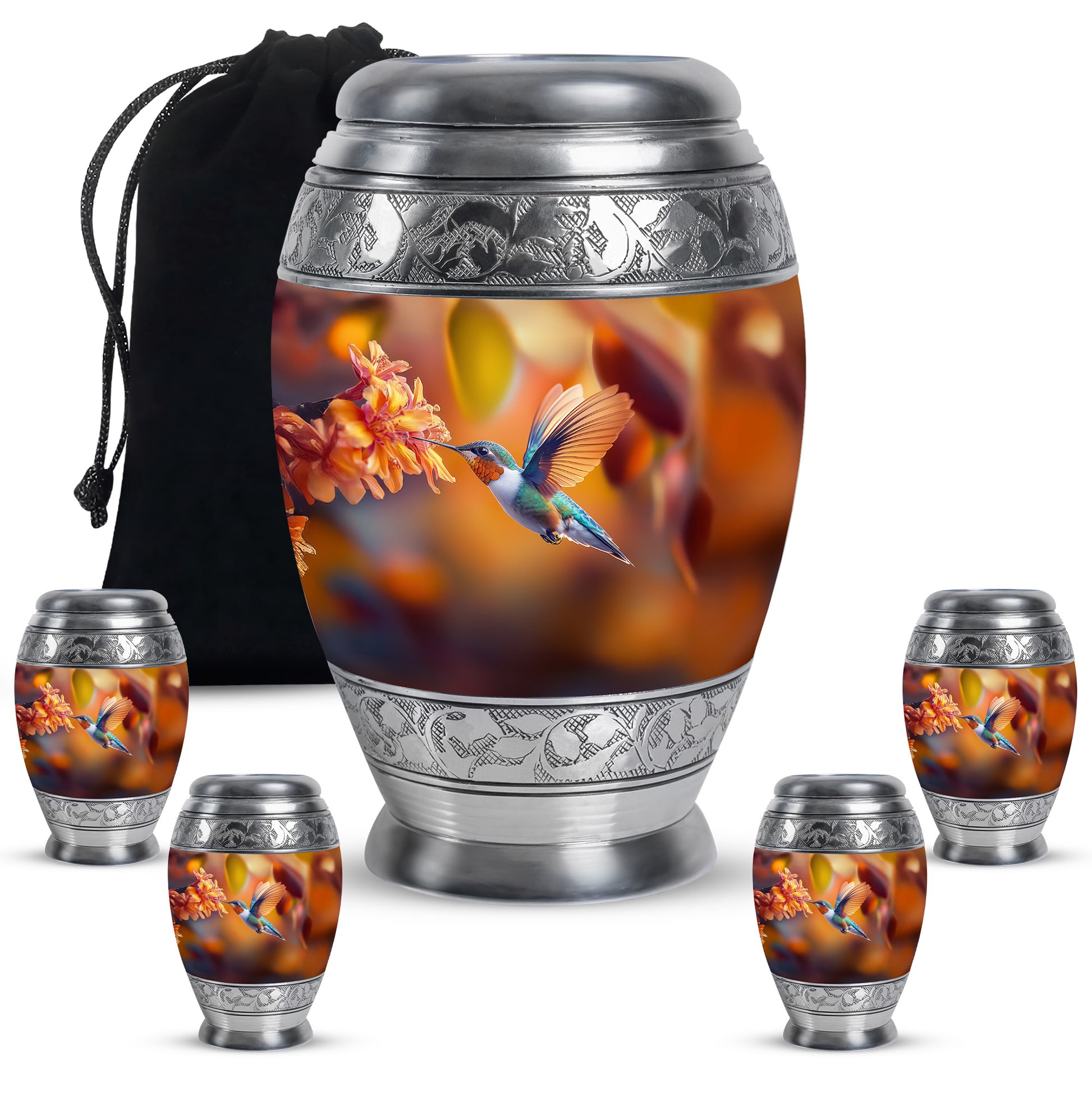 Champagne Gold Hummingbird Cremation Urn detail view - regal hummingbird design with crown-inspired accents - memorial set with one large and four small urns