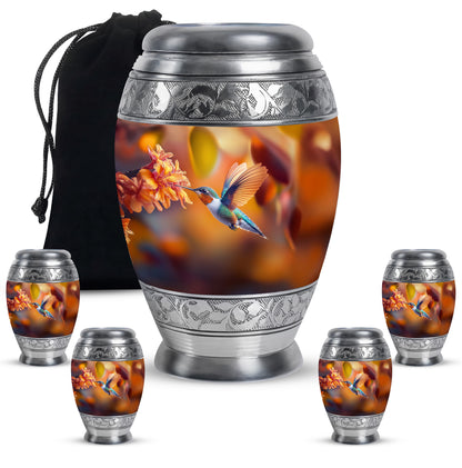 Champagne Gold Hummingbird Cremation Urn detail view - regal hummingbird design with crown-inspired accents - memorial set with one large and four small urns