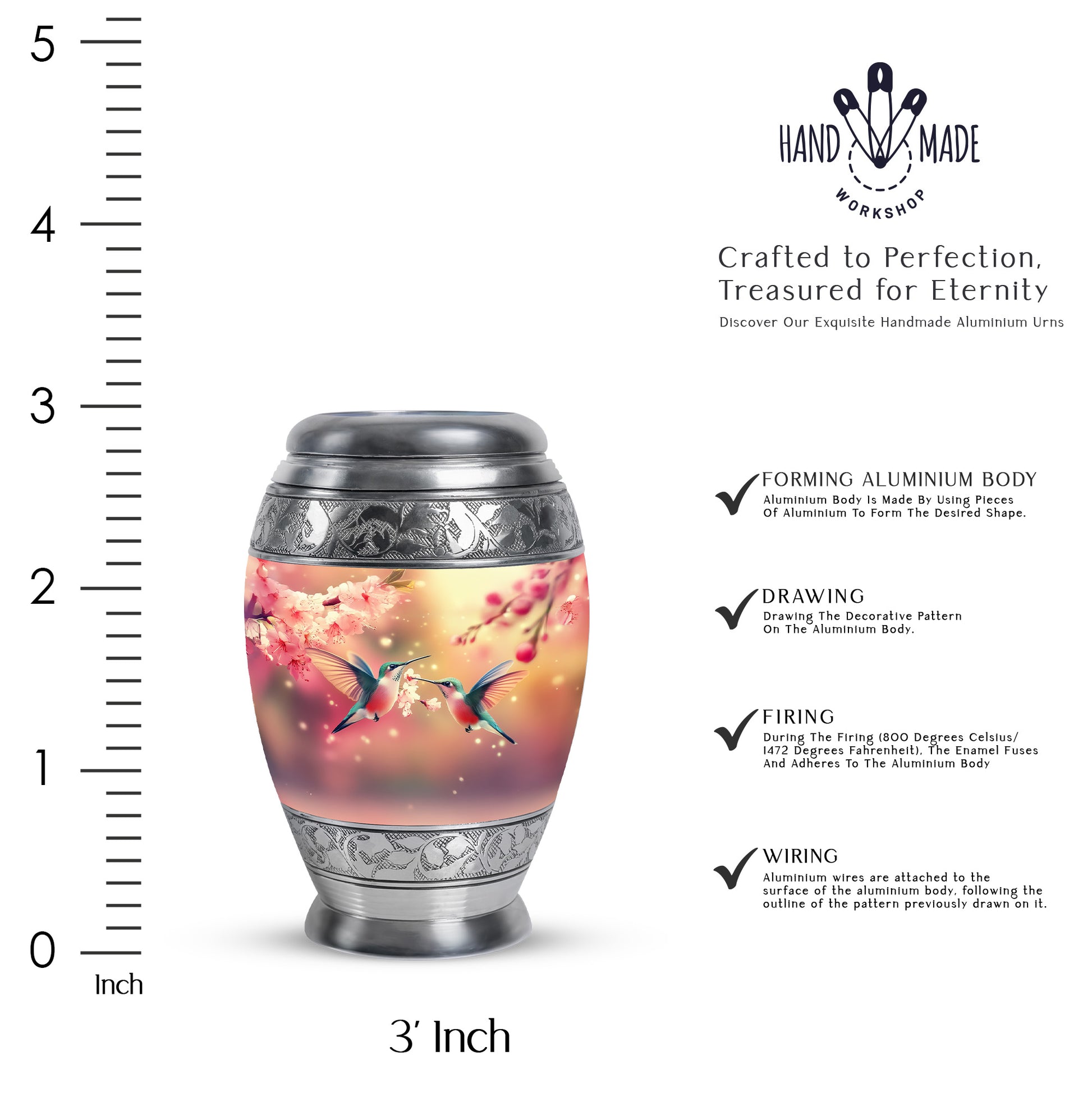 Warm Gold Hummingbird Cremation Urn lifestyle display on memorial shelf - majestic hummingbird pattern with filigree border - mini keepsake memorial for portion of cremation ashes