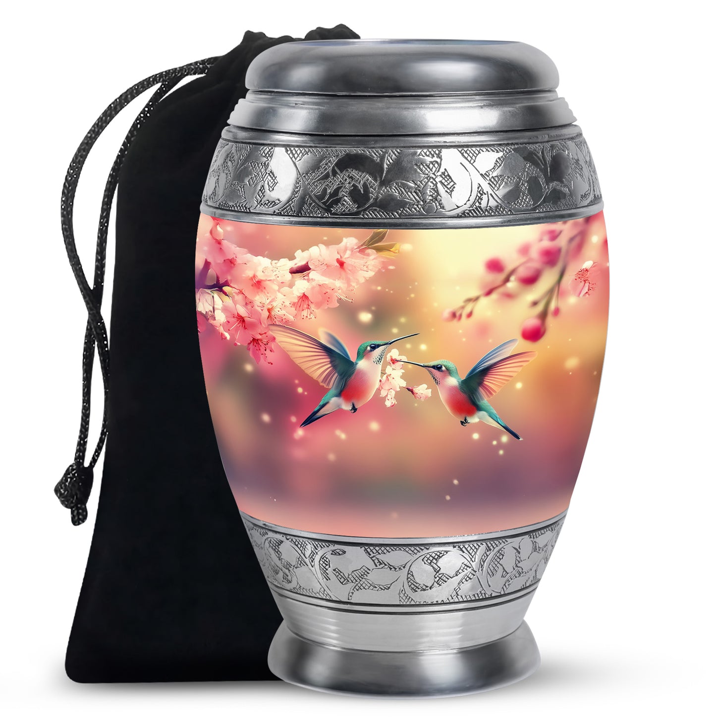 Amber Gold Hummingbird Cremation Urn back view with polished surface - regal hummingbird design with crown-inspired accents - full-size 10 inch 200 cubic inch adult cremation urn