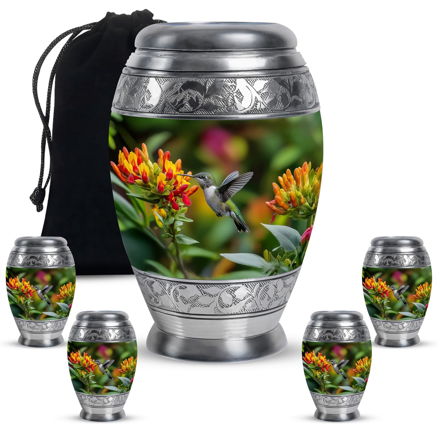 Warm Yellow Hummingbird Cremation Urn detail view - regal hummingbird design with crown-inspired accents - memorial set with one large and four small urns