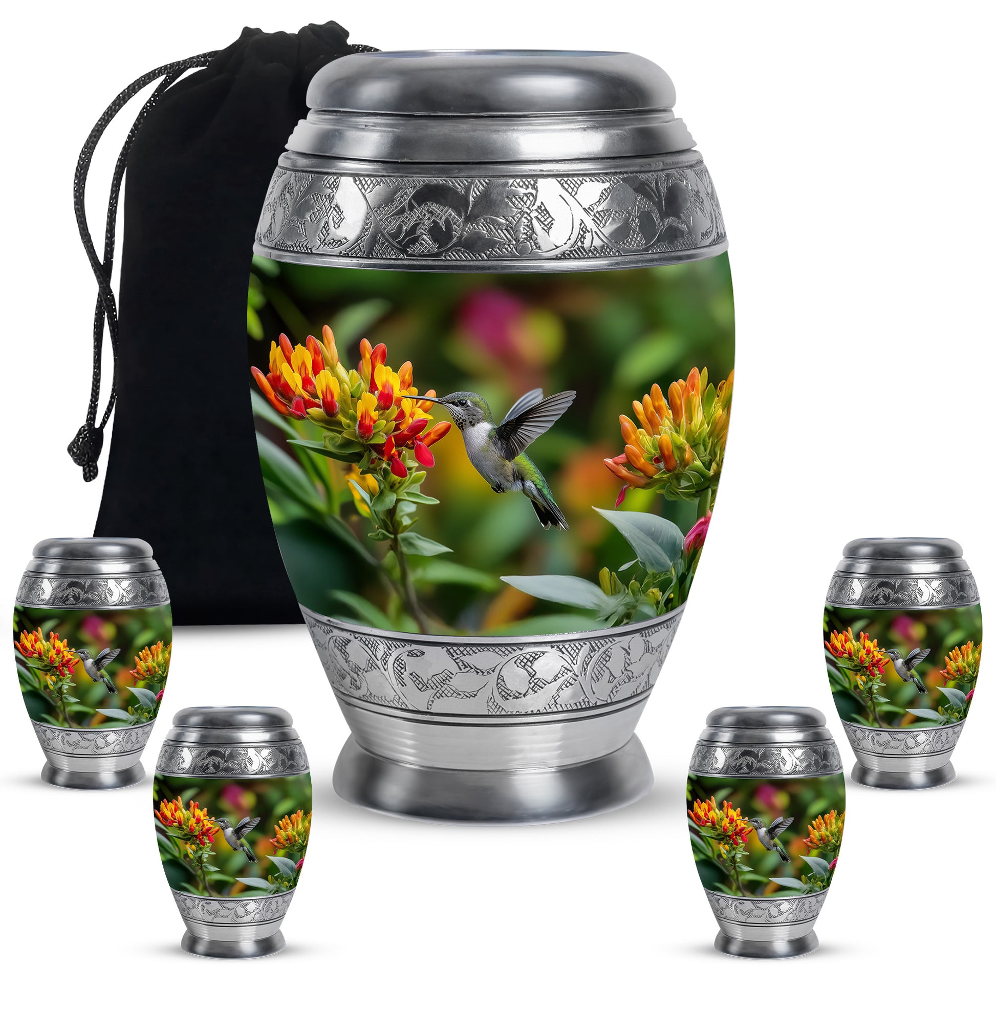 Warm Yellow Hummingbird Cremation Urn detail view - regal hummingbird design with crown-inspired accents - memorial set with one large and four small urns