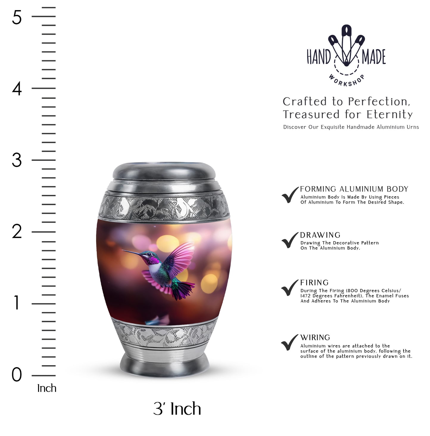 Ruby Red Hummingbird Cremation Urn lifestyle display on memorial shelf - royal hummingbird engraving with decorative scrollwork - mini keepsake memorial for portion of cremation ashes