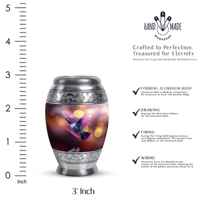 Ruby Red Hummingbird Cremation Urn lifestyle display on memorial shelf - royal hummingbird engraving with decorative scrollwork - mini keepsake memorial for portion of cremation ashes