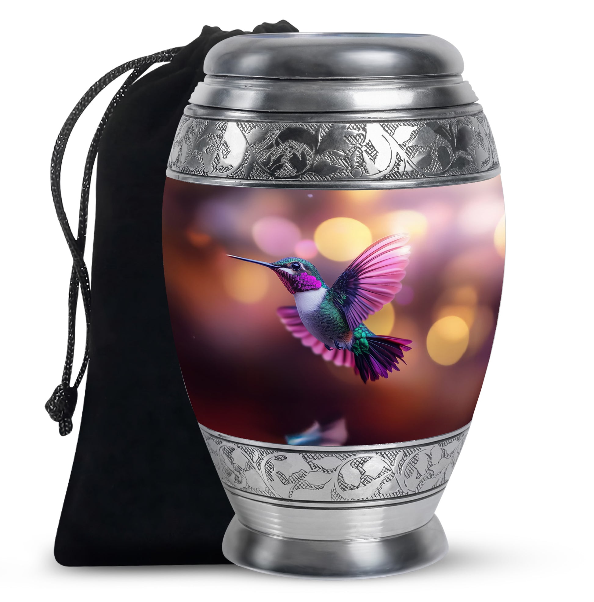 Crimson Red Hummingbird Cremation Urn back view with polished surface - regal hummingbird design with crown-inspired accents - full-size 10 inch 200 cubic inch adult cremation urn