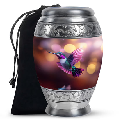 Crimson Red Hummingbird Cremation Urn back view with polished surface - regal hummingbird design with crown-inspired accents - full-size 10 inch 200 cubic inch adult cremation urn