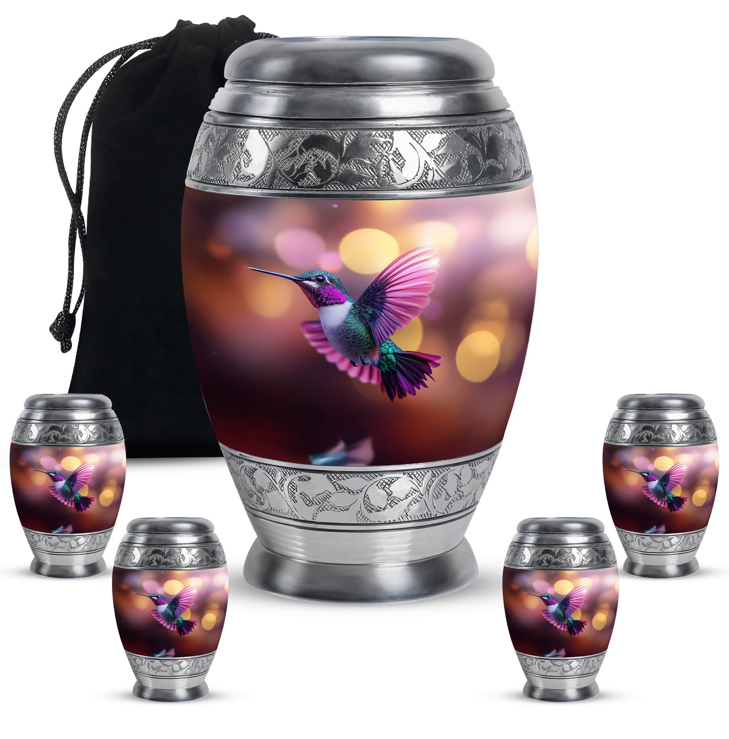 Cherry Red Hummingbird Cremation Urn detail view - majestic hummingbird pattern with filigree border - memorial set with one large and four small urns