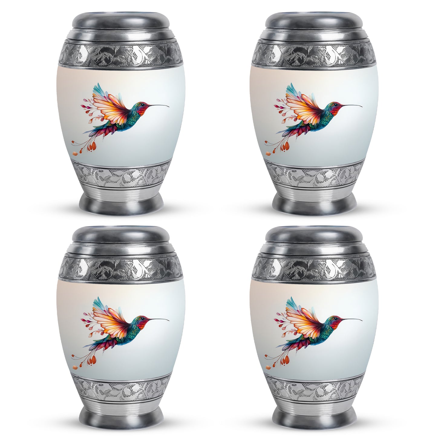Satin Silver Hummingbird Cremation Urn urn with complimentary velvet bag - regal hummingbird design with crown-inspired accents - 10 inch aluminum urn for cremated remains