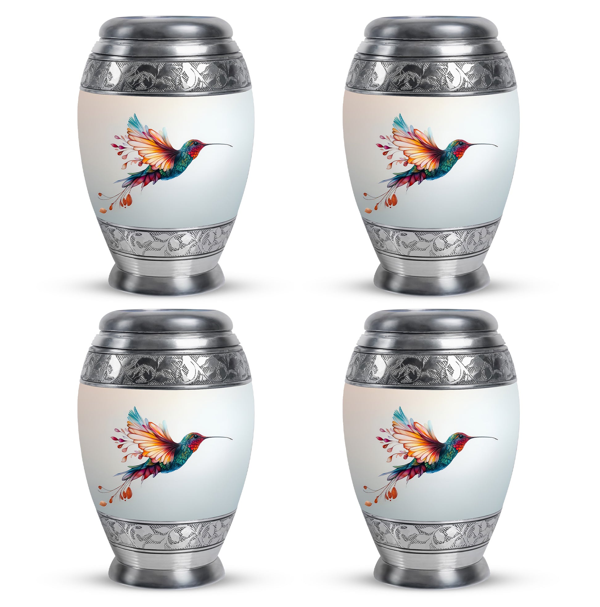 Satin Silver Hummingbird Cremation Urn urn with complimentary velvet bag - regal hummingbird design with crown-inspired accents - 10 inch aluminum urn for cremated remains