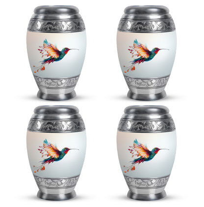 Satin Silver Hummingbird Cremation Urn urn with complimentary velvet bag - regal hummingbird design with crown-inspired accents - 10 inch aluminum urn for cremated remains