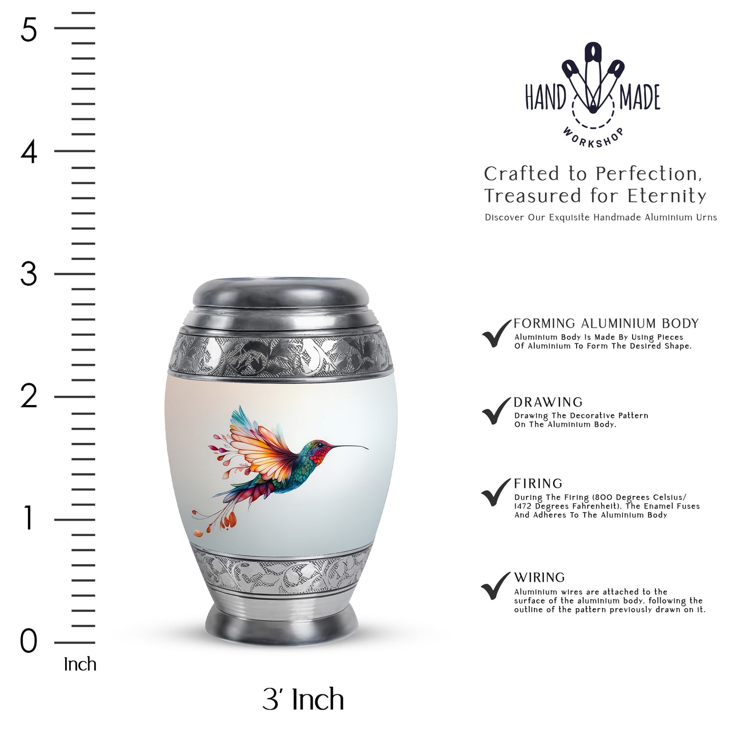 Brushed Silver Hummingbird Cremation Urn lifestyle display on memorial shelf - ornate monarch-style hummingbird relief on brushed aluminum - mini keepsake memorial for portion of cremation ashes