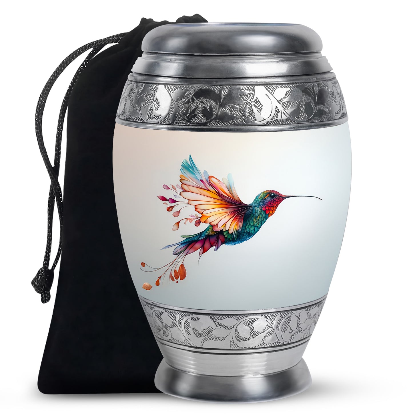 Polished Silver Hummingbird Cremation Urn back view with polished surface - royal hummingbird engraving with decorative scrollwork - full-size 10 inch 200 cubic inch adult cremation urn