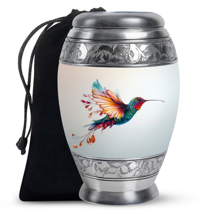 Polished Silver Hummingbird Cremation Urn back view with polished surface - royal hummingbird engraving with decorative scrollwork - full-size 10 inch 200 cubic inch adult cremation urn