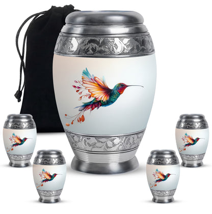 Satin Silver Hummingbird Cremation Urn detail view - regal hummingbird design with crown-inspired accents - memorial set with one large and four small urns