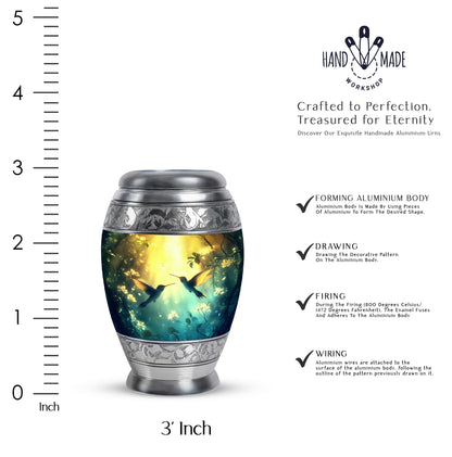 Champagne Gold Hummingbird Cremation Urn lifestyle display on memorial shelf - regal hummingbird design with crown-inspired accents - mini keepsake memorial for portion of cremation ashes