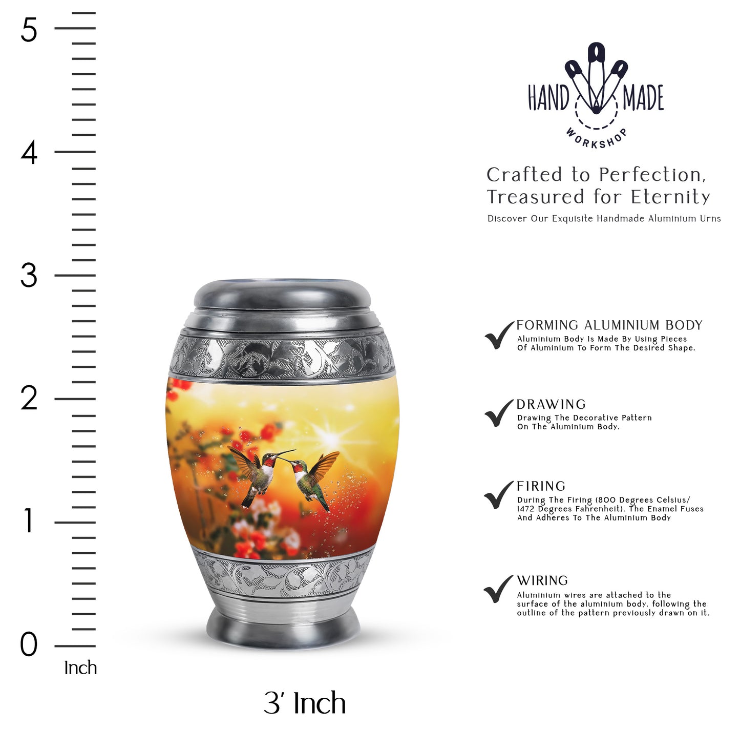 Champagne Gold Hummingbird Cremation Urn lifestyle display on memorial shelf - ornate monarch-style hummingbird relief on brushed aluminum - mini keepsake memorial for portion of cremation ashes
