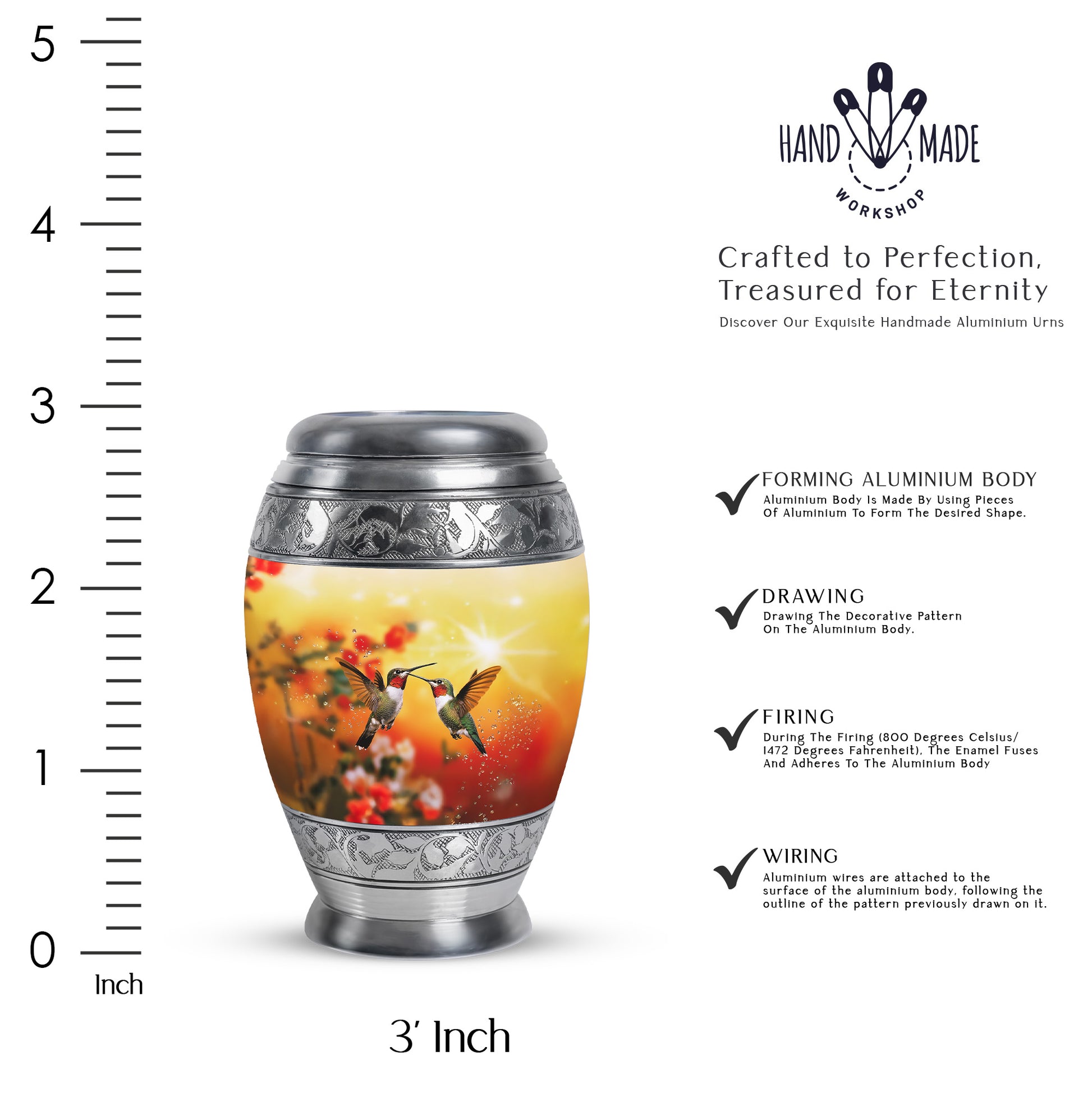 Champagne Gold Hummingbird Cremation Urn lifestyle display on memorial shelf - ornate monarch-style hummingbird relief on brushed aluminum - mini keepsake memorial for portion of cremation ashes