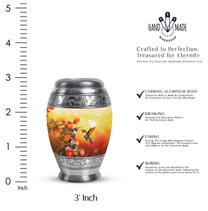 Champagne Gold Hummingbird Cremation Urn lifestyle display on memorial shelf - ornate monarch-style hummingbird relief on brushed aluminum - mini keepsake memorial for portion of cremation ashes