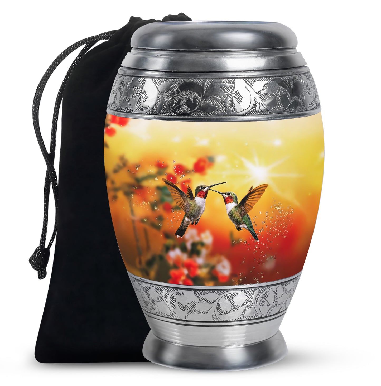 Sunrise Gold Hummingbird Cremation Urn back view with polished surface - ornate monarch-style hummingbird relief on brushed aluminum - full-size 10 inch 200 cubic inch adult cremation urn