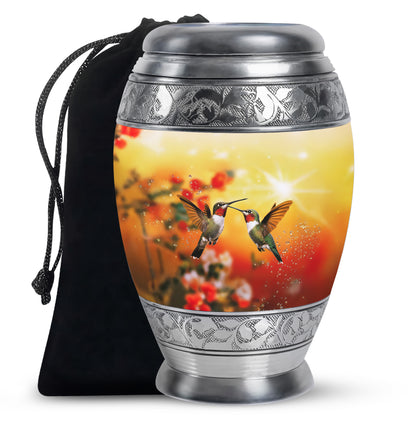 Sunrise Gold Hummingbird Cremation Urn back view with polished surface - ornate monarch-style hummingbird relief on brushed aluminum - full-size 10 inch 200 cubic inch adult cremation urn