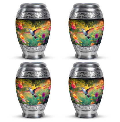 Onyx Black Hummingbird Cremation Urn urn with complimentary velvet bag - majestic hummingbird pattern with filigree border - 10 inch aluminum urn for cremated remains