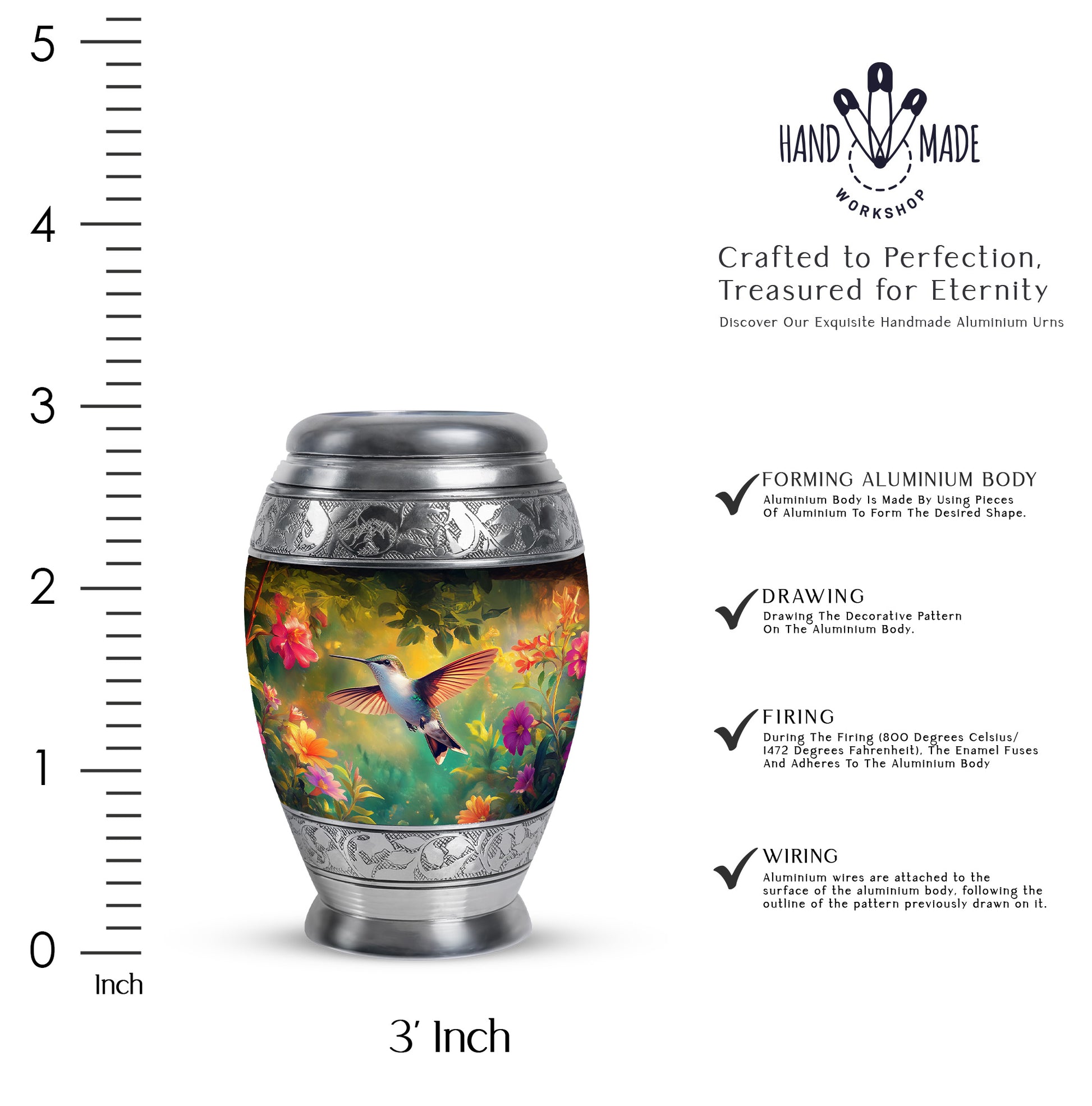 Ebony Hummingbird Cremation Urn lifestyle display on memorial shelf - ornate monarch-style hummingbird relief on brushed aluminum - mini keepsake memorial for portion of cremation ashes