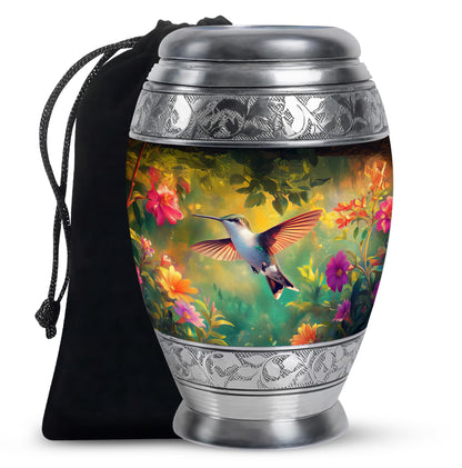 Obsidian Black Hummingbird Cremation Urn back view with polished surface - royal hummingbird engraving with decorative scrollwork - full-size 10 inch 200 cubic inch adult cremation urn