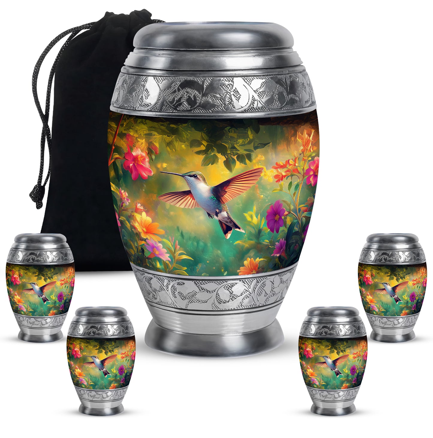 Jet Black Hummingbird Cremation Urn detail view - regal hummingbird design with crown-inspired accents - memorial set with one large and four small urns