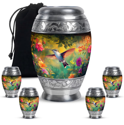 Jet Black Hummingbird Cremation Urn detail view - regal hummingbird design with crown-inspired accents - memorial set with one large and four small urns