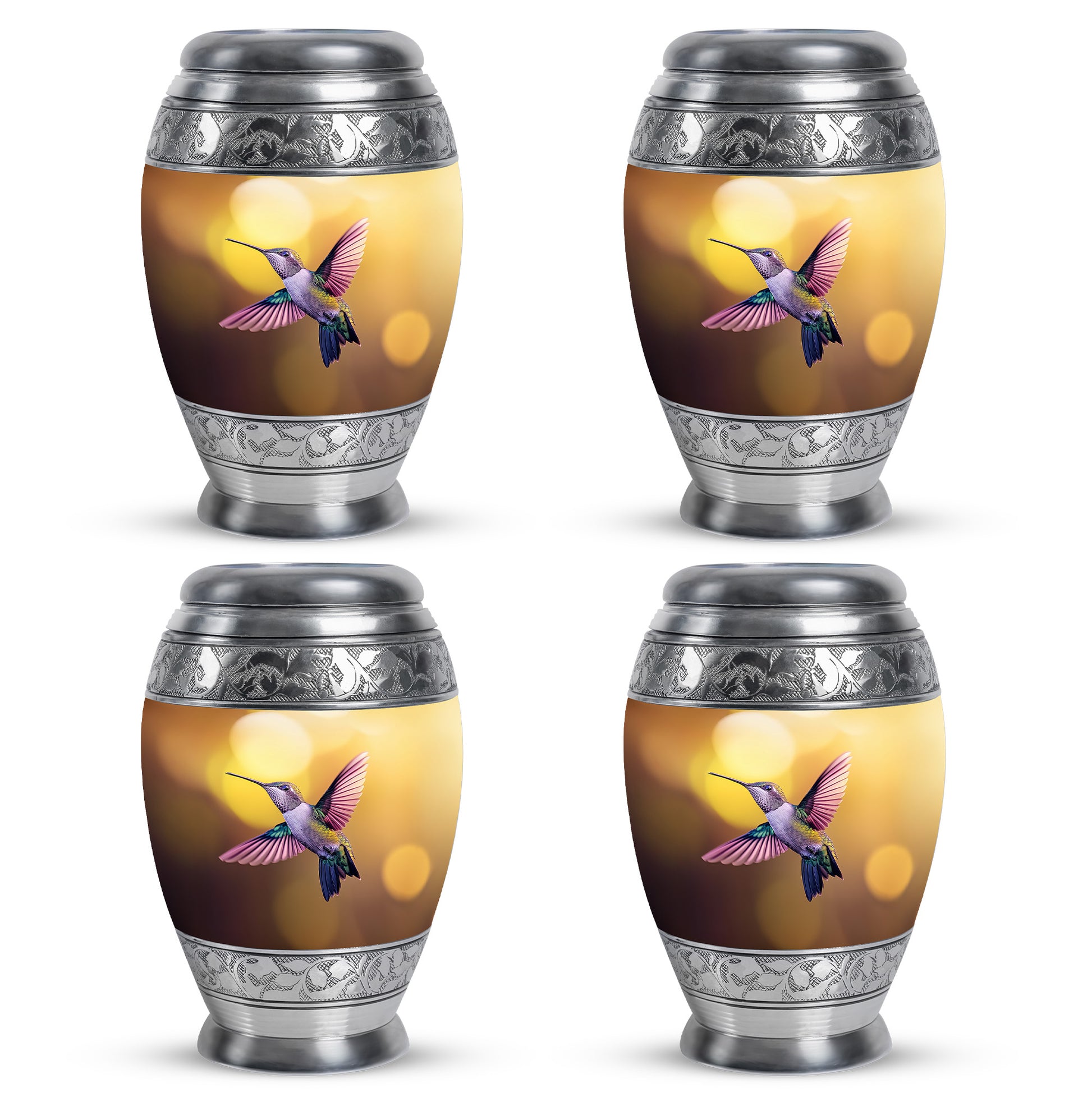 Sunrise Gold Hummingbird Cremation Urn urn with complimentary velvet bag - ornate monarch-style hummingbird relief on brushed aluminum - 10 inch aluminum urn for cremated remains