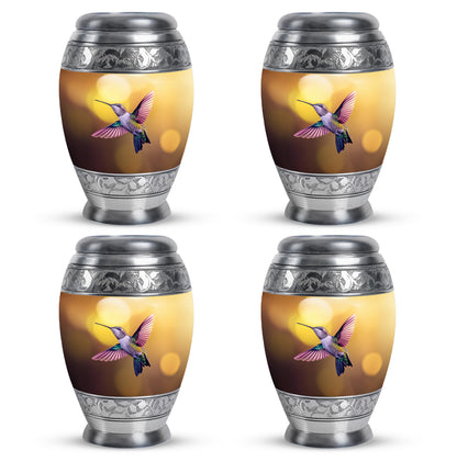 Sunrise Gold Hummingbird Cremation Urn urn with complimentary velvet bag - ornate monarch-style hummingbird relief on brushed aluminum - 10 inch aluminum urn for cremated remains