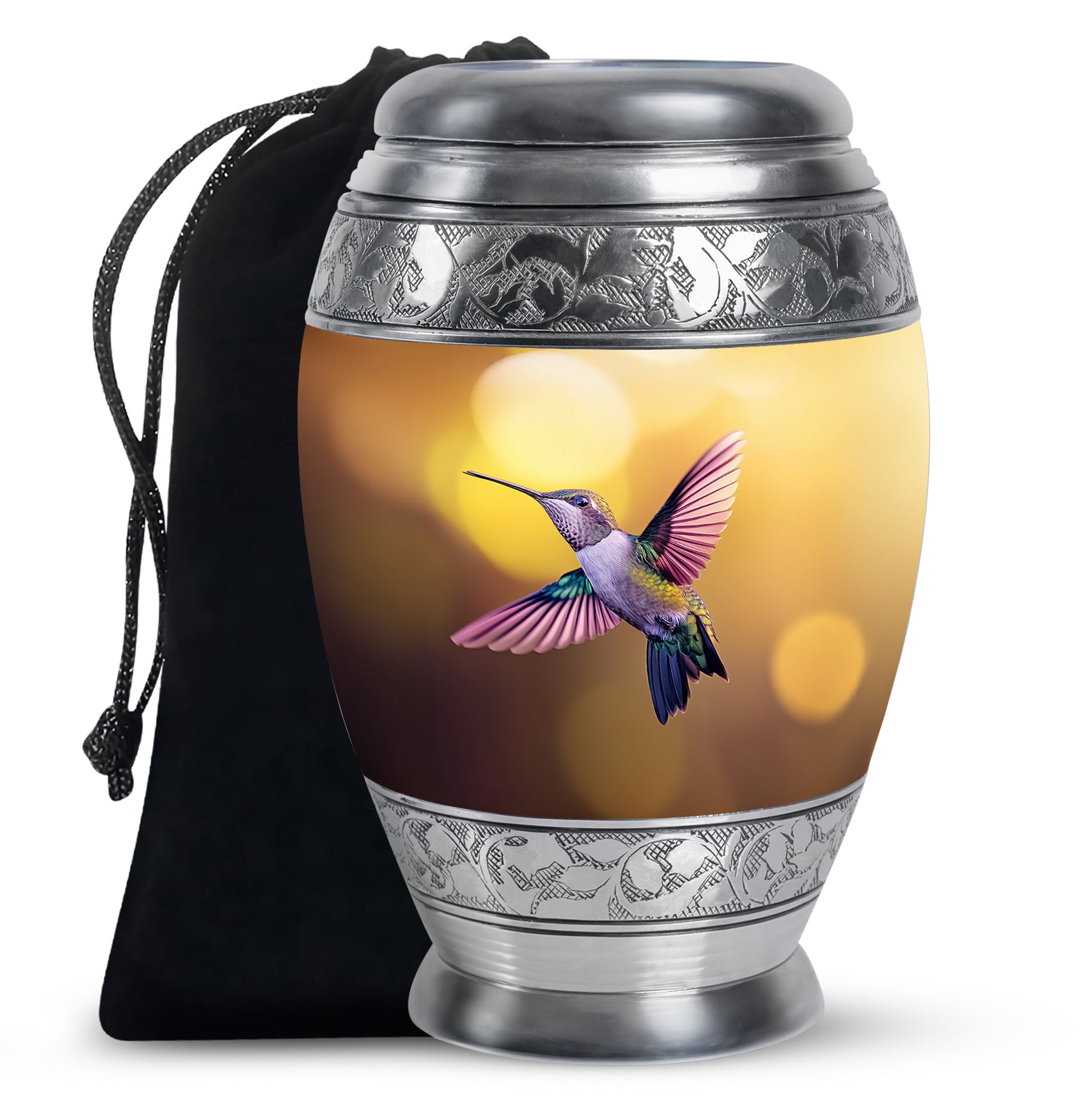 Champagne Gold Hummingbird Cremation Urn back view with polished surface - regal hummingbird design with crown-inspired accents - full-size 10 inch 200 cubic inch adult cremation urn