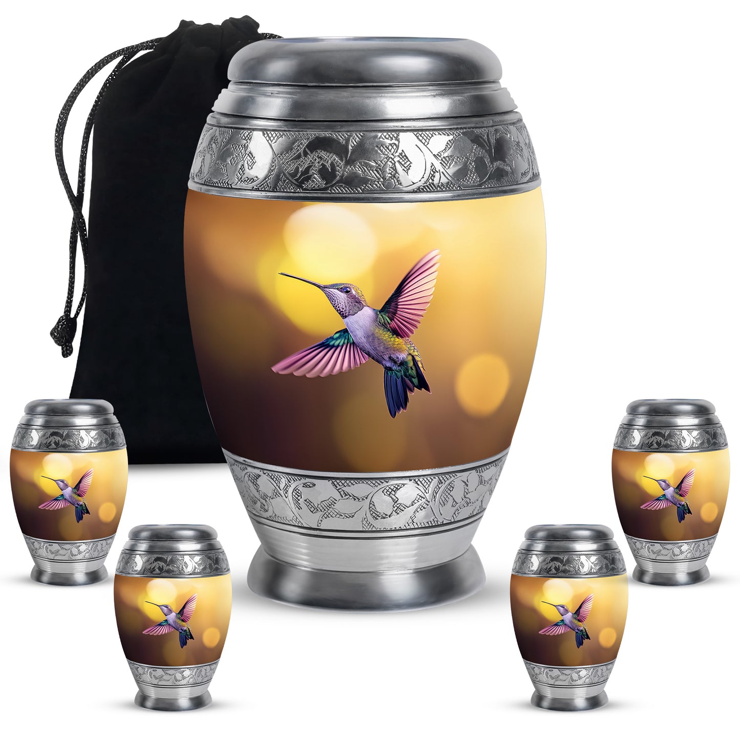 Matte Gold Hummingbird Cremation Urn detail view - majestic hummingbird pattern with filigree border - memorial set with one large and four small urns