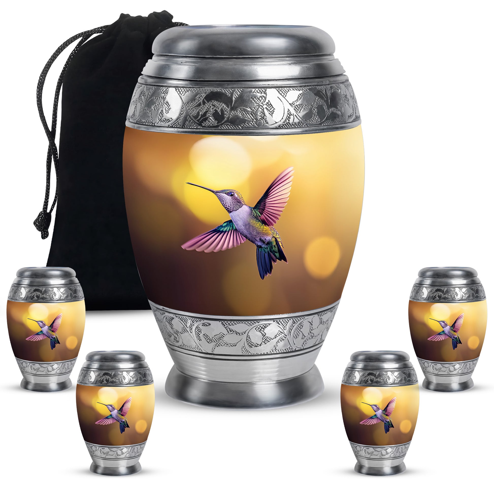 Matte Gold Hummingbird Cremation Urn detail view - majestic hummingbird pattern with filigree border - memorial set with one large and four small urns