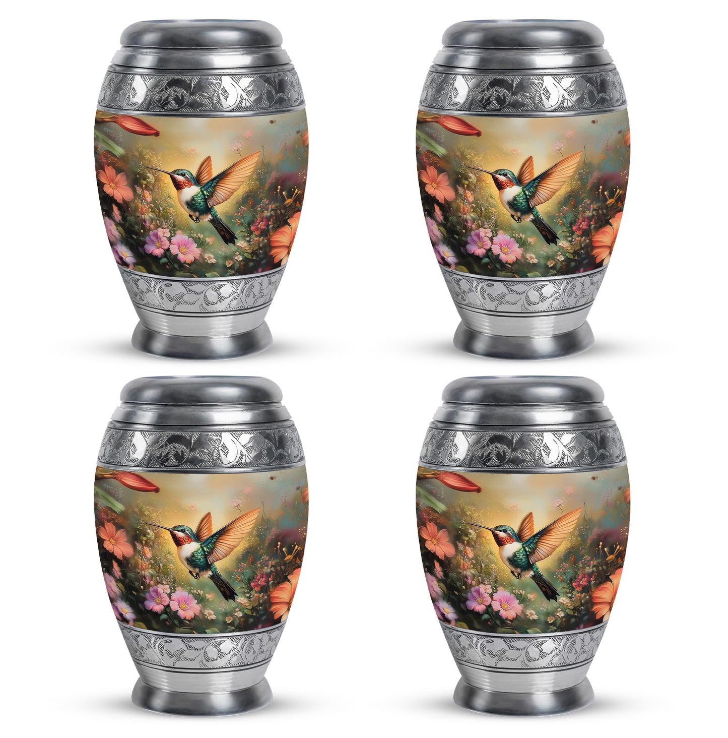 Gilded Gold Hummingbird Cremation Urn urn with complimentary velvet bag - regal hummingbird design with crown-inspired accents - 10 inch aluminum urn for cremated remains