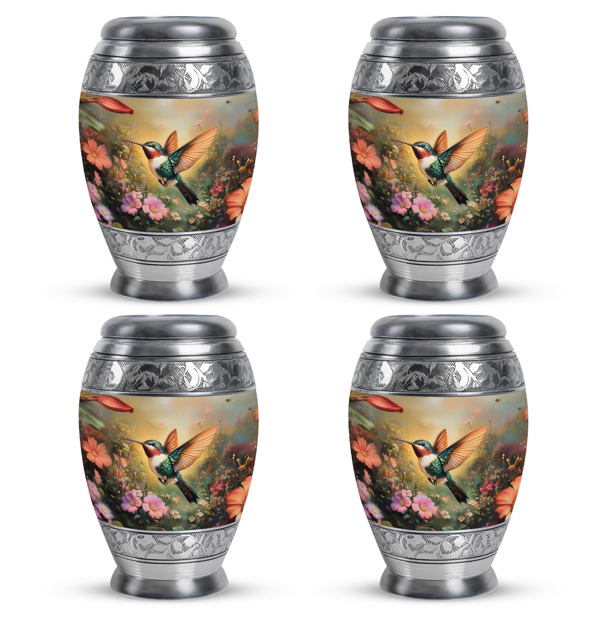 Gilded Gold Hummingbird Cremation Urn urn with complimentary velvet bag - regal hummingbird design with crown-inspired accents - 10 inch aluminum urn for cremated remains
