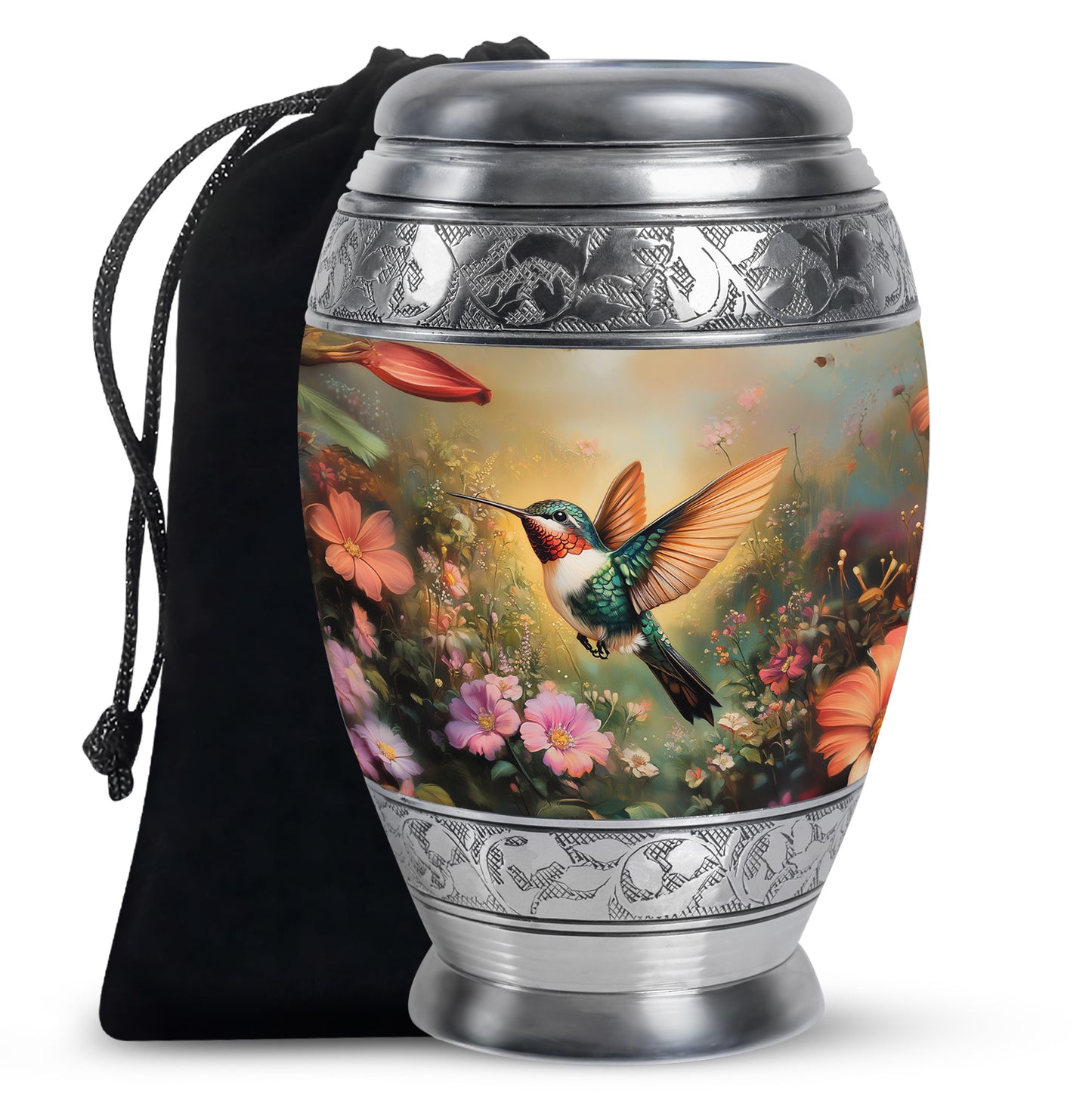 Sunrise Gold Hummingbird Cremation Urn back view with polished surface - ornate monarch-style hummingbird relief on brushed aluminum - full-size 10 inch 200 cubic inch adult cremation urn