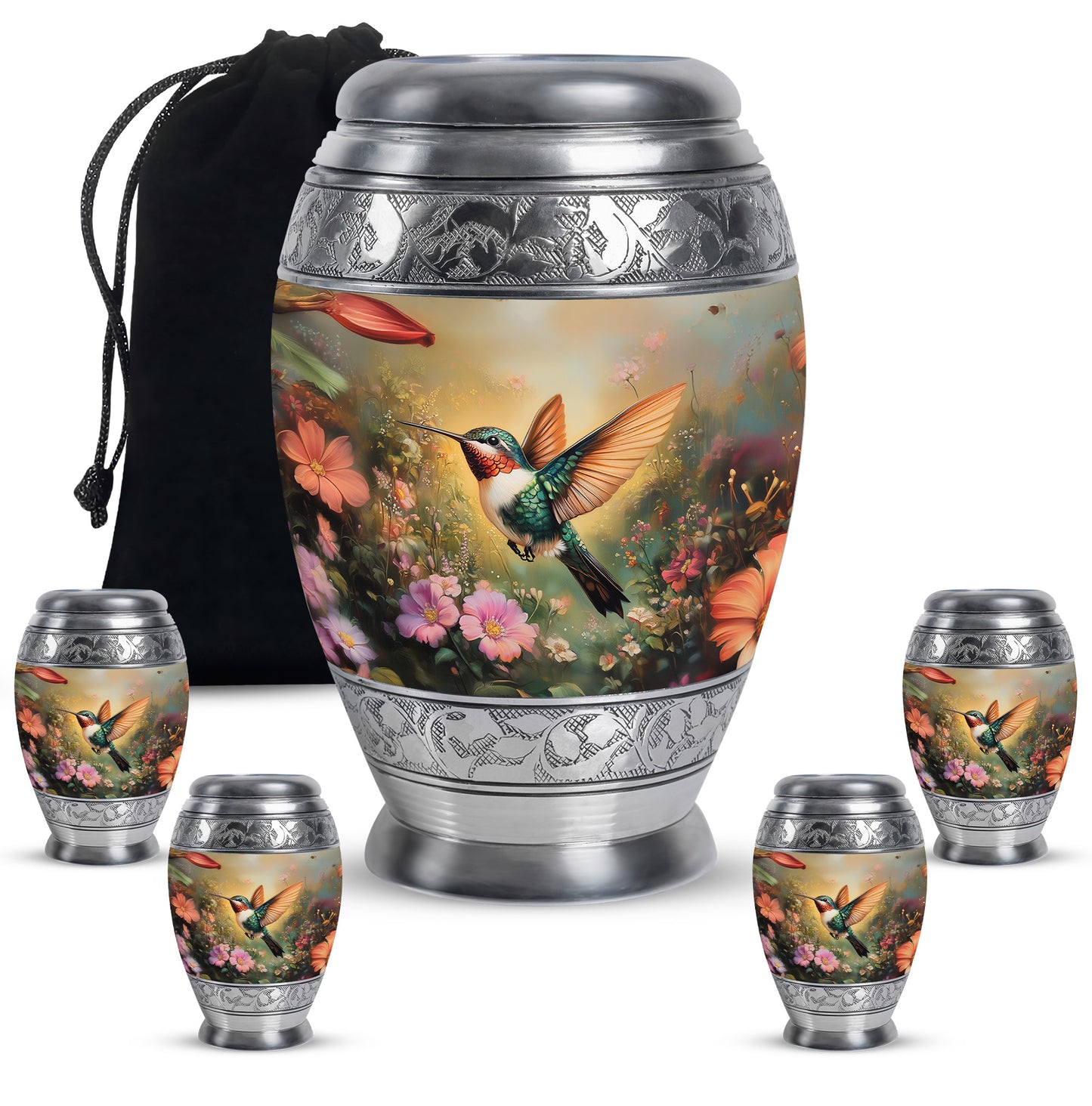 Burnished Gold Hummingbird Cremation Urn detail view - royal hummingbird engraving with decorative scrollwork - memorial set with one large and four small urns