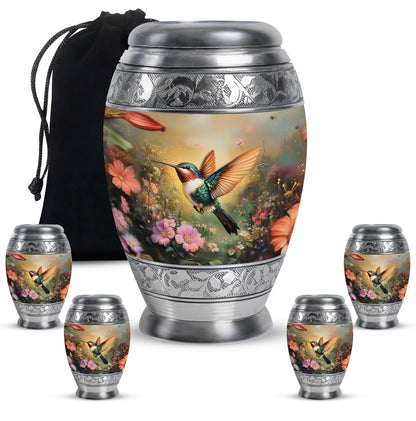 Burnished Gold Hummingbird Cremation Urn detail view - royal hummingbird engraving with decorative scrollwork - memorial set with one large and four small urns