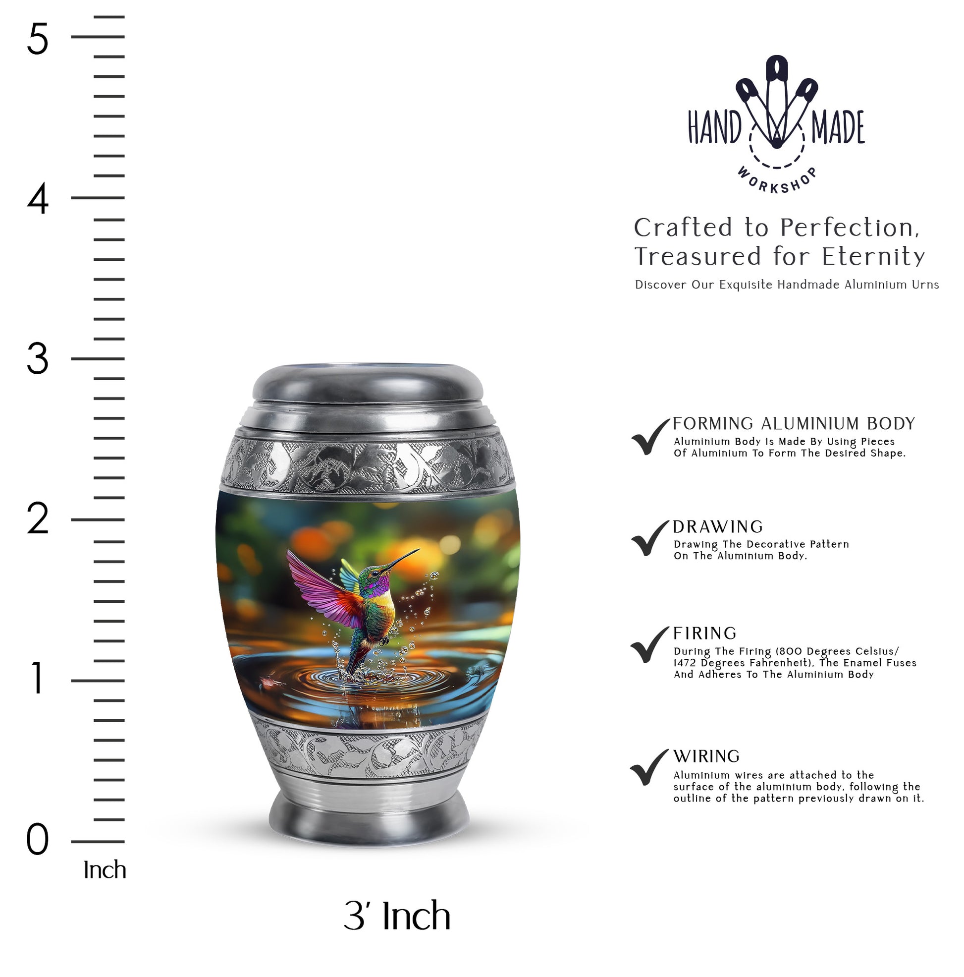 Sage Green Hummingbird Cremation Urn lifestyle display on memorial shelf - regal hummingbird design with crown-inspired accents - mini keepsake memorial for portion of cremation ashes