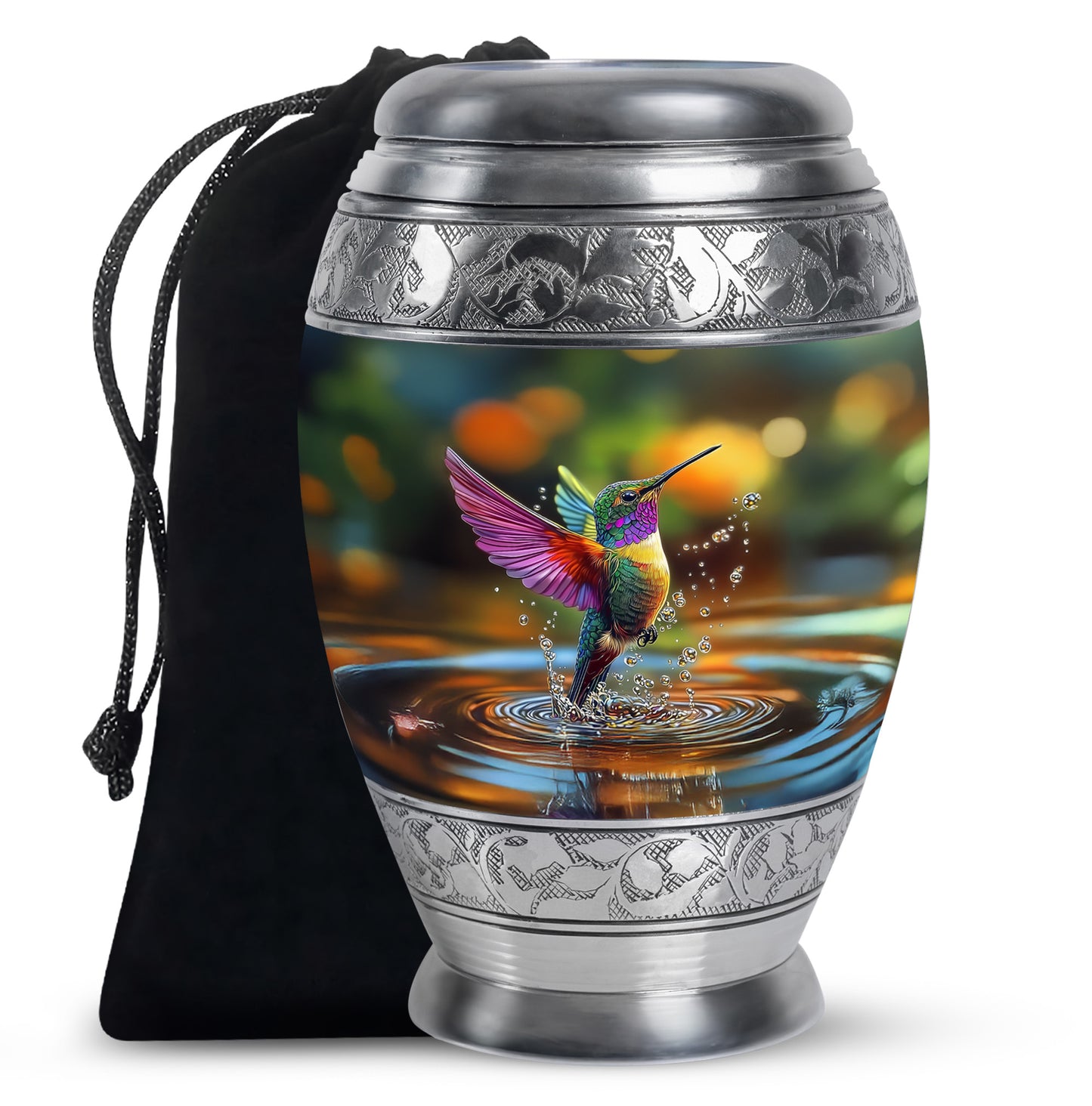 Forest Green Hummingbird Cremation Urn back view with polished surface - royal hummingbird engraving with decorative scrollwork - full-size 10 inch 200 cubic inch adult cremation urn